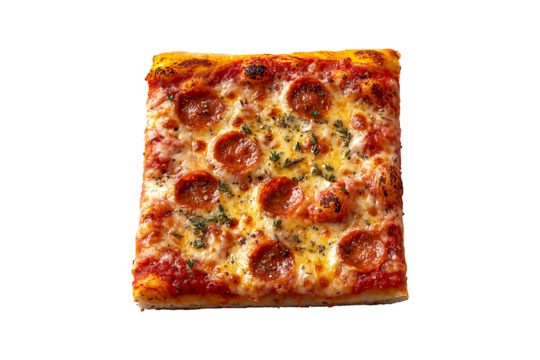 Square Piece of Sicilian Pizza isolated on transparent background.