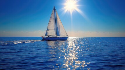 Fototapeta premium Sailboat on Azure Ocean, Sunny Day, Sparkling Water