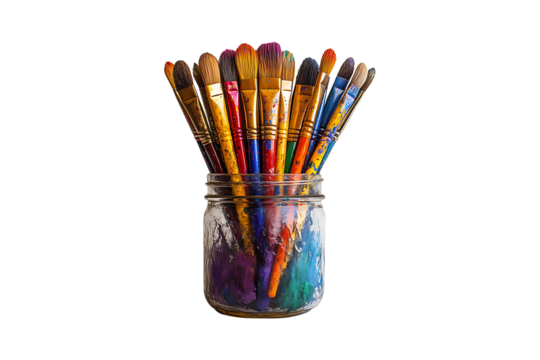 Stack of color artist paint brushes in a jar isolated on transparent background. - Powered by Adobe