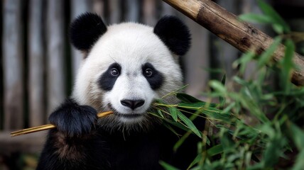 Fototapeta premium Playful panda munching on bamboo with a curious expression in a natural habitat setting