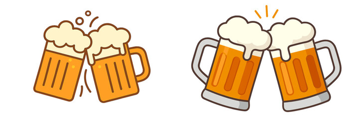 Cheerful celebration with two frothy beer mugs clinking together in festive atmosphere with golden foamy liquid