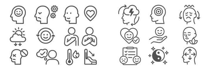 Collection of simple line icons illustrating emotions, mental health, and self-care practices displayed on a light background