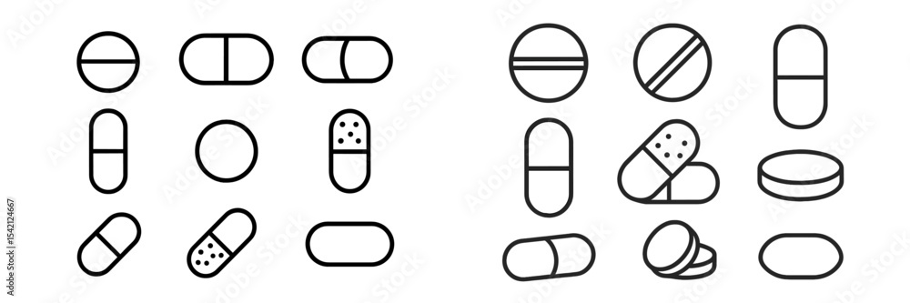Poster pill and capsule illustrations arranged in a grid showcasing various shapes and designs in a minimal