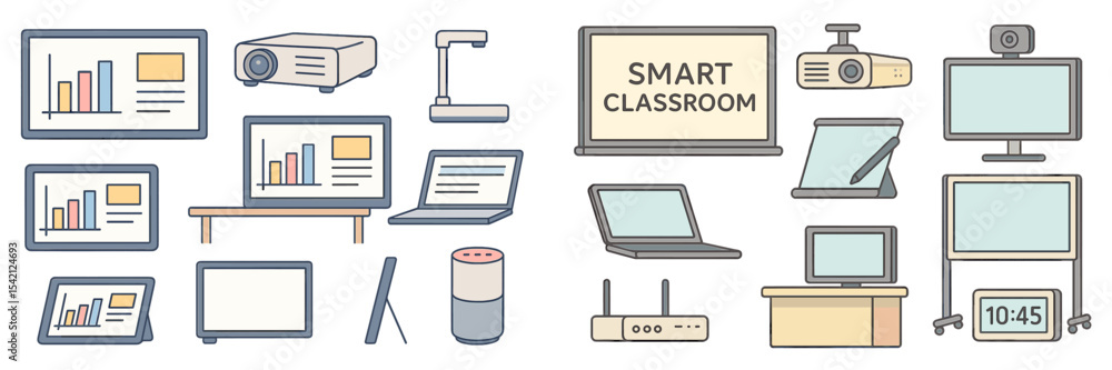 Poster technology overview of smart classroom equipment showcasing various devices and tools for modern lea