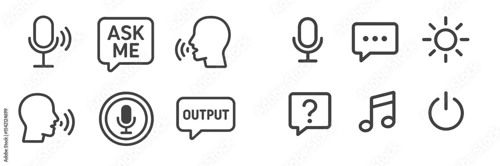 Poster collection of simple voice command icons showcasing interaction and communication elements for techn
