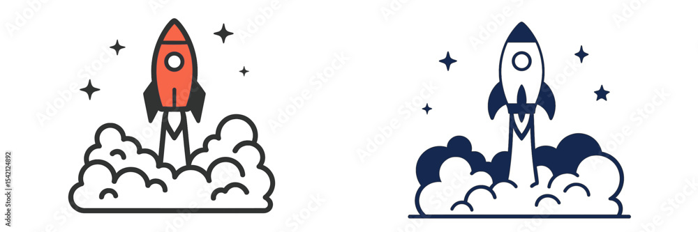 Poster rocket launching into space with clouds and stars in a colorful design