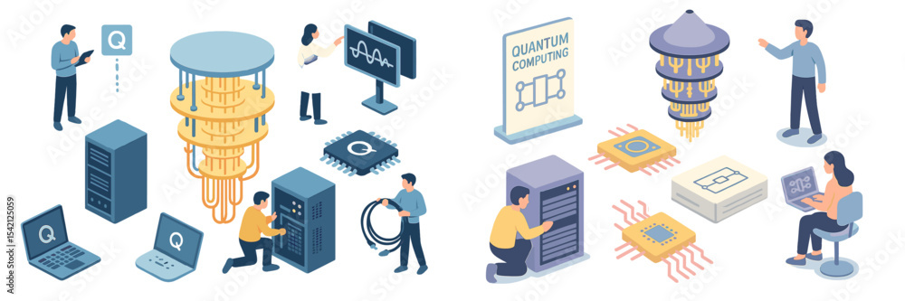 Poster exploring advancements in quantum computing technology through equipment and teamwork in a modern re