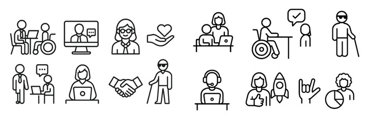 Icons depicting various professional and social interactions in diverse settings focusing on inclusivity and support