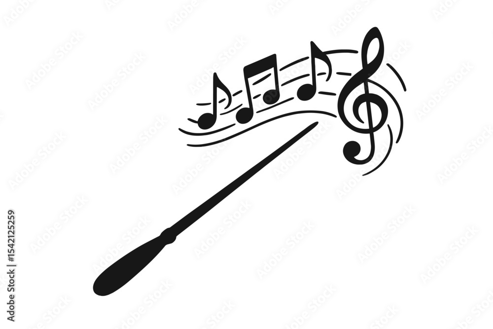 Poster magic wand creating music notes in a whimsical design for an artistic context
