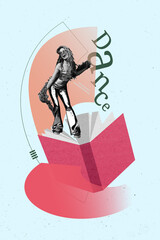 Sketch vertical photo collage of happy girl dance open book bookworm hobby entertainment student...