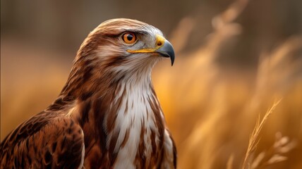 Obraz premium Majestic Hawk Perched in Golden Grass, Capturing Details of Nature's Beauty and Wild Spirit