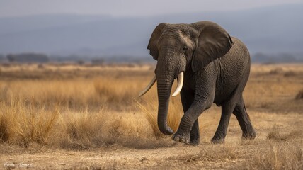 Obraz premium Majestic African Elephant Walking Gracefully Through Golden Grassy Landscape Under Soft Horizon Light