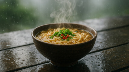 a bowl of ramen at rainy day