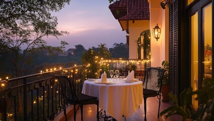 Romantic balcony dining scene at twilight