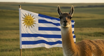 Guanaco portrait with the Uruguayan flag waving in the backgroun