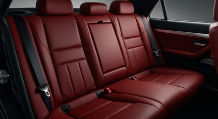 Red leather rear seats of a luxury car offer comfort and elegance