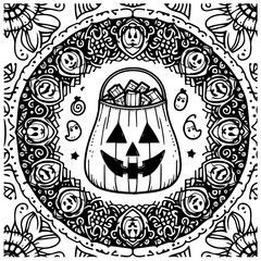 Halloween themed coloring page design, featuring a jack-o'-lantern candy bag, surrounded by intricate mandala patterns.