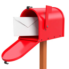 Red mailbox with open door and white envelope inside, isolated on transparency background, symbolizing communication, postal service, and receiving mail, evoking anticipation and connection
