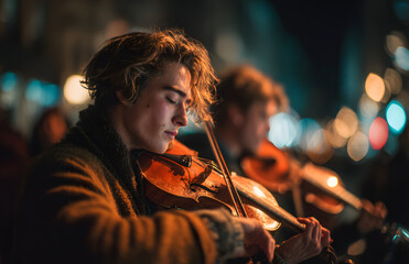 Fototapeta premium Street musician playing violin in city at night
