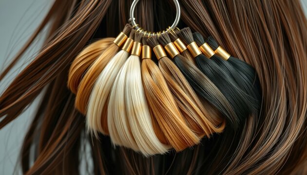 A collection of hair extension samples is displayed on a circular keyring