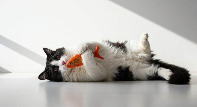 Playful tuxedo cat enjoys a moment of leisure with a vibrant orange fish toy