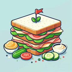 Cartoon sandwich with layers of ham cheese lettuce and tomato topped with a flag