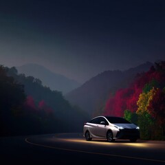 Naklejka premium Silver car on winding road through autumnal mountains