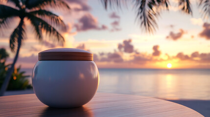 Tropical beach sunset with palm tree silhouette over the turquoise ocean water and exotic sky