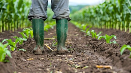 A knee high photograph of a farmer standing between rows of corn, wearing rubber boots.