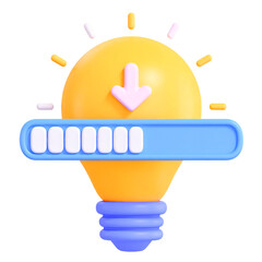 Light bulb idea creativity innovation progress loading inspiration blue yellow 3D illustration cheerful concept. bright yellow light bulb with blue loading bar and pink arrow symbolizes creative