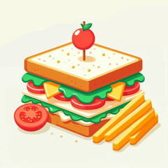 Cartoon sandwich with tomato skewer lettuce cheese  tomato slices accompanied by fries