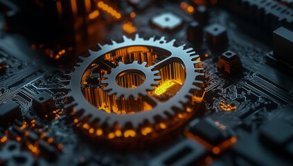 A close-up shot of a glowing gear mounted on a detailed circuit board representing technological advancements, innovation, and advanced engineering in modern electronics.