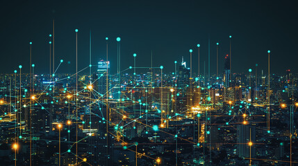 Naklejka premium Smart Innovation city with connection cyber security network reciprocity over the sunset cityscape future wireless digital city and social media networking systems that connects people in the city