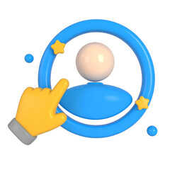 3D illustration of user profile icon with yellow hand pointer, blue circular frame, and decorative stars, representing account selection or user interface in playful, modern style