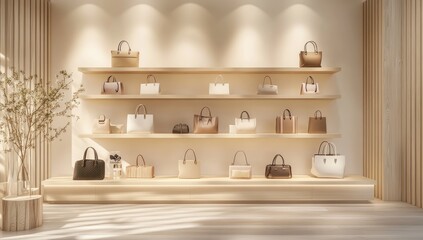 Stylish handbag display in a light, minimalist store