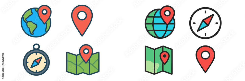 Poster various location and navigation icons representing global exploration and adventure tools for travel