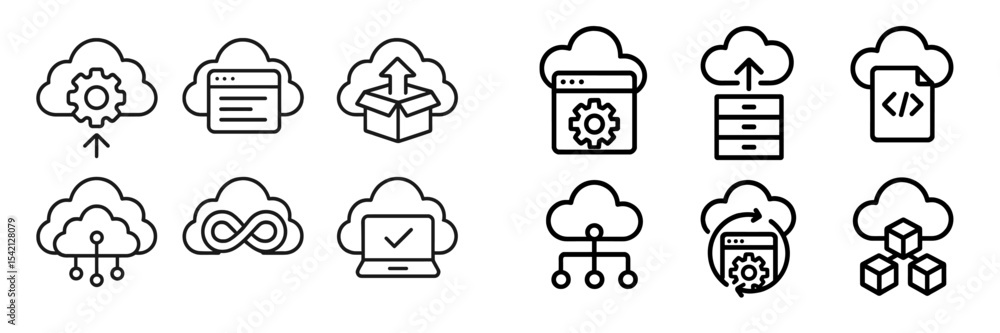 Poster collection of cloud computing icons representing various digital activities and services in a minima