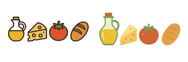 Variety of fresh ingredients including cheese, tomatoes, and bread displayed in a vibrant style