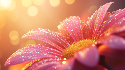 Fototapeta premium Close-up of a pink gerbera flower with delicate petals and water drops, showcasing its beauty in nature