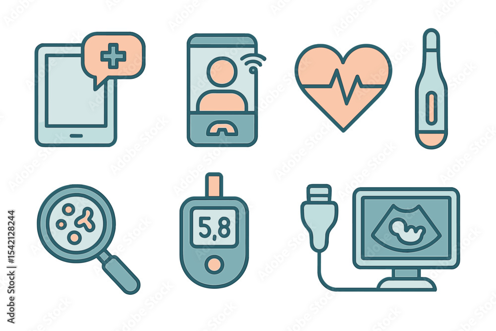 Poster digital health tools display various medical applications for remote diagnosis and patient monitorin