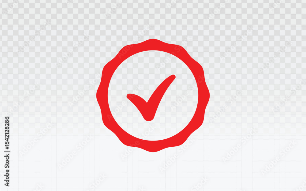 Poster a bold red checkmark enclosed within a vibrant, wavy circular badge, perfect for signifying approval