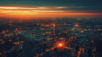 Fototapeta premium Smart Innovation city with connection cyber security network reciprocity over the sunset cityscape future wireless digital city and social media networking systems that connects people in the city