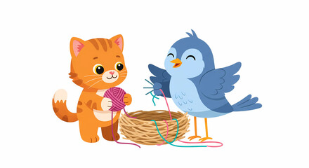 Naklejka premium Cute Cat and Bird Knitting - Animal Friends Craft Illustration 