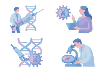 Medical research illustration showcasing scientists working with DNA and viruses in a laboratory setting during daylight
