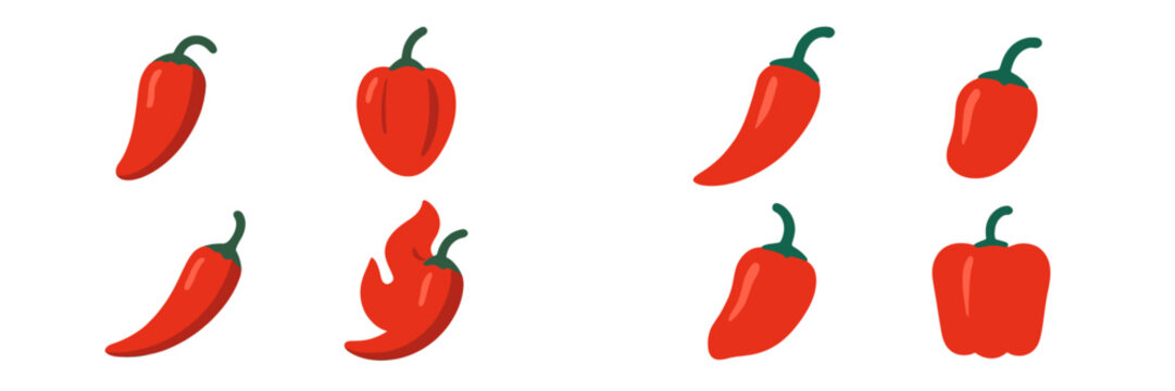 Collection of colorful red chili peppers in various shapes and designs against a clean background