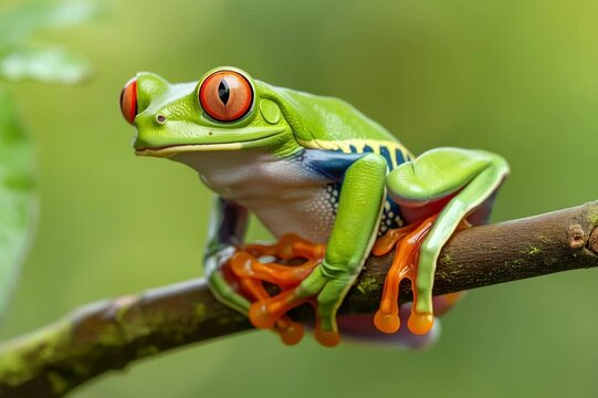 Red-eyed tree frog sitting on a branch and jump	
