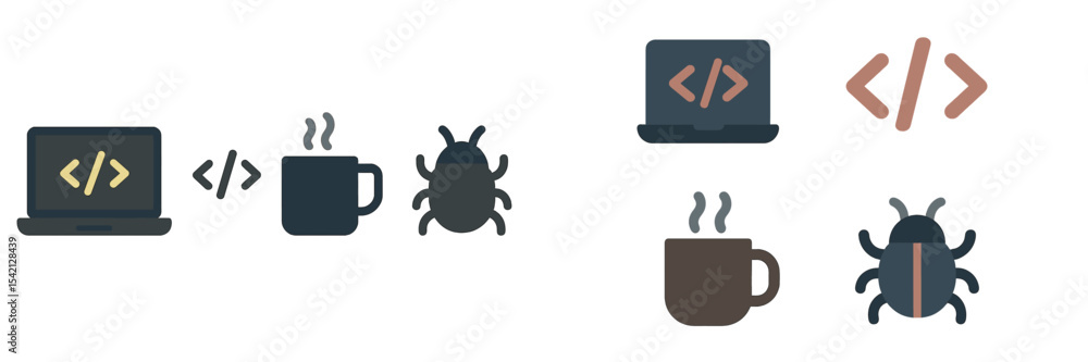 Poster creative illustrations portraying programming concepts with coffee, bugs, and laptops in a minimalis
