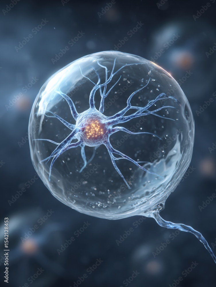 Poster floating nerve cell within a delicate soap bubble illustrating fragility and cellular beauty