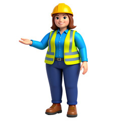 Smiling female construction worker wearing yellow hard hat, reflective safety vest, blue shirt, and jeans, standing and gesturing with one hand, isolated on transparency background