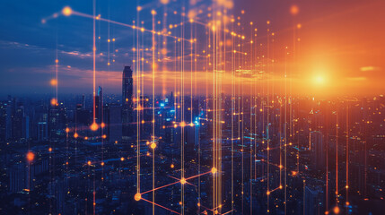 Obraz premium Smart Innovation city with connection cyber security network reciprocity over the sunset cityscape future wireless digital city and social media networking systems that connects people in the city